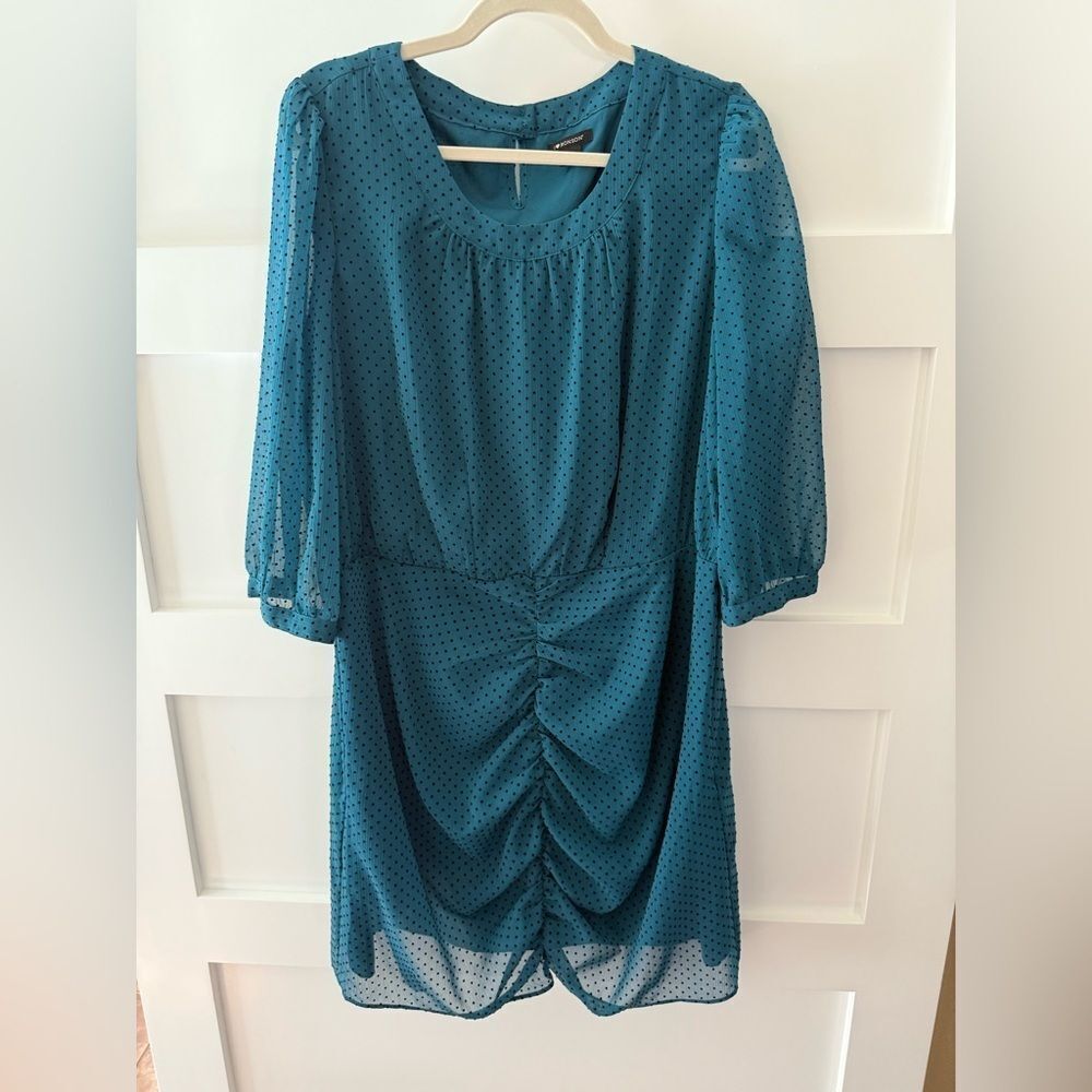 vintage I Love Ronson teal dress black polka dot ruched detail size xl